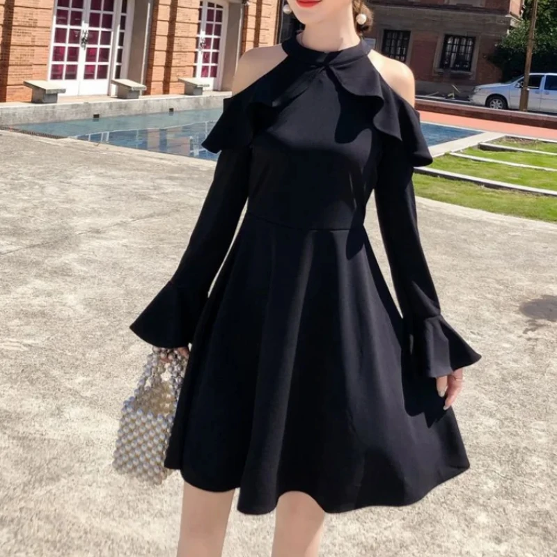 Midi Female Dress Ruffle A Line Women's Long Sleeve Dresses Outfits High Quality Luxury Elastic New Features of Trendy Aesthetic