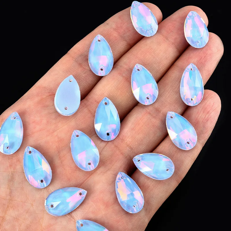 48Pcs 11x18mm Teardrop Protein Mocha Rhinestone Two Sew Holes Flat Back Crystal Beads For Scrapbook Dress Handmade Ornament