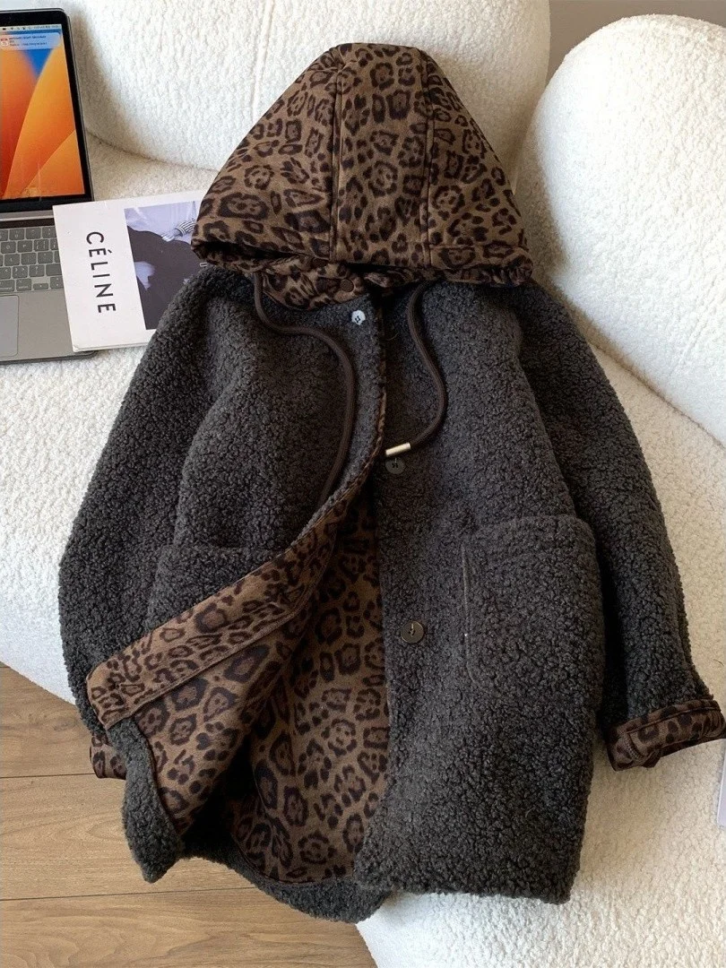 

Extra Large Size 300 Pou High End European Sle Lamb Fur Leopard Print Hooded Jaet Men Women Winter Loose Zipper Top