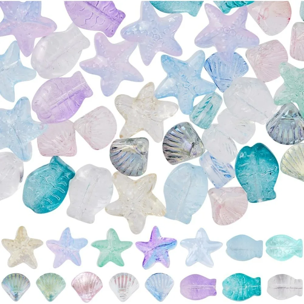 150Pcs Starfish Beads Fish Glass Beads Sea Shell Beads Bulk Blue Pink Green Summer Ocean Animal Charms making kit