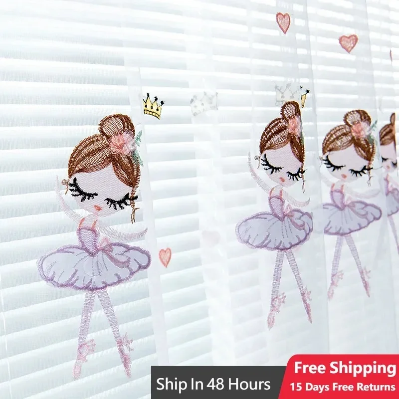 Cartoon Embroidery Princess Dancing Curtains Sheer Tulle Girl Bedroom Curtains For Living Room Window Tulle Voile Drapes Cortina