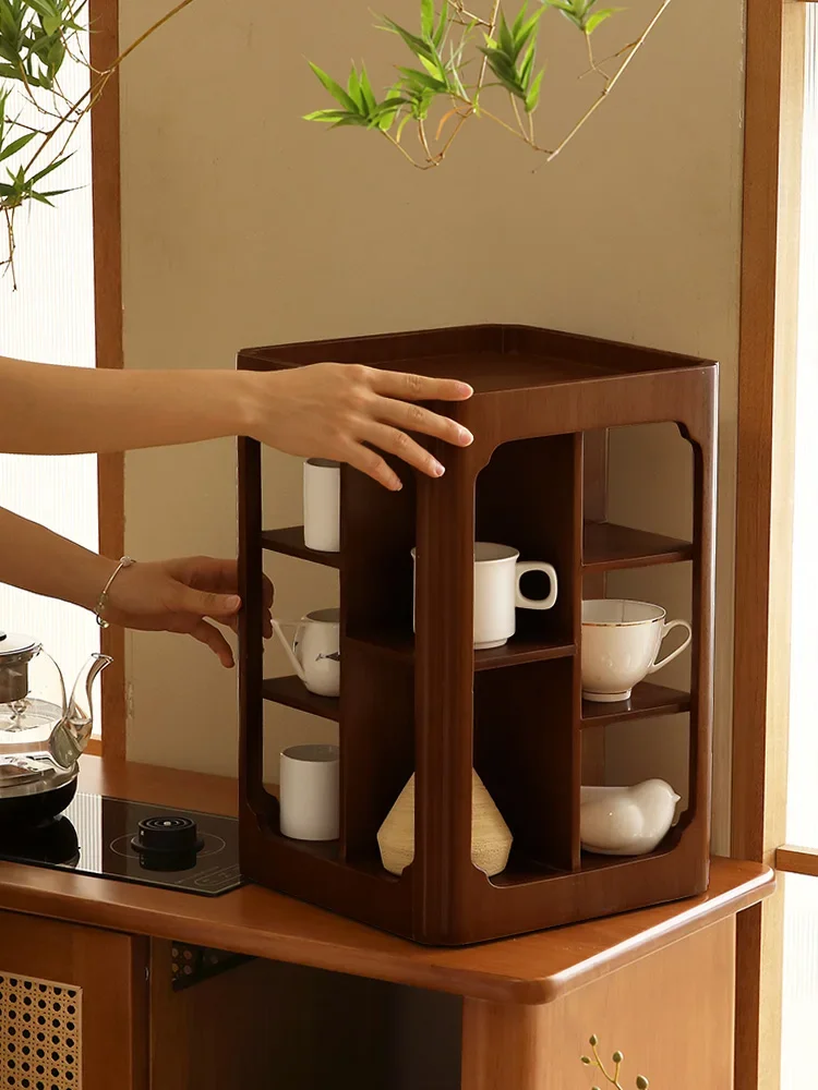 

Rotating Teacup Holder Retro Style Small Desktop Tea Set Storage Cabinet