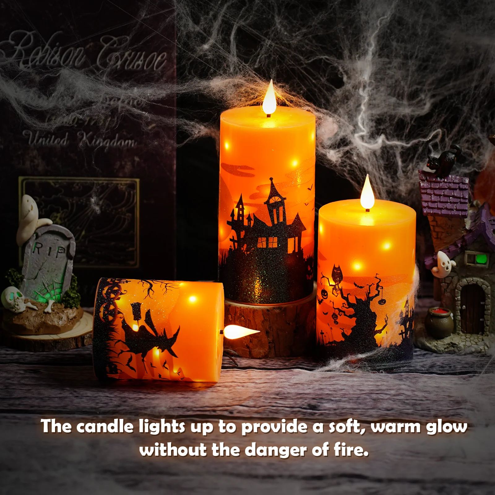 Halloween Gift Flameless LED Candles Paraffin Wax Flickering Remote Timer Built-in Fairy Light Battery Halloween Print Candles