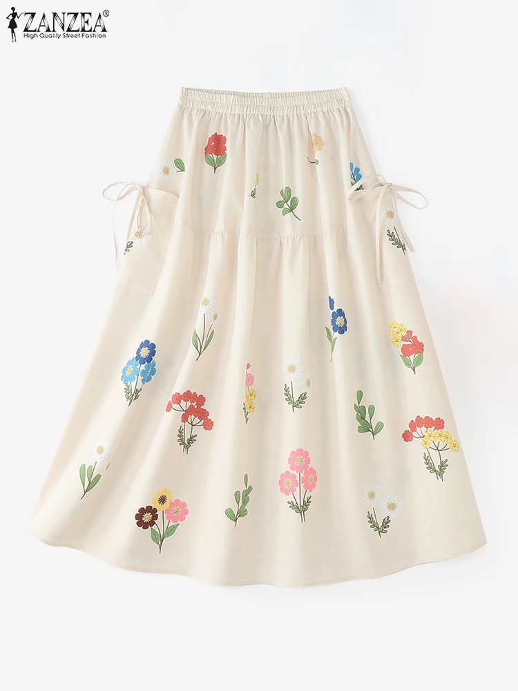 2025 zanzea moda feminina maxi saias outono longo bottoms floral impressão férias cintura elástica casual oversized jupes faldas saia
