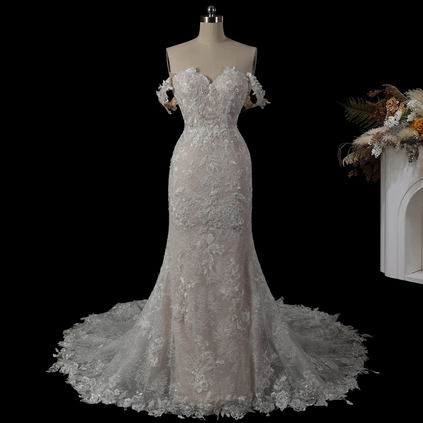 Sheer Fairy Wedding Dress Luxury Mermaid Off Shoulder Tulle Button Dubai Engagement Bridal Gowns with Big Train SW763 Customized