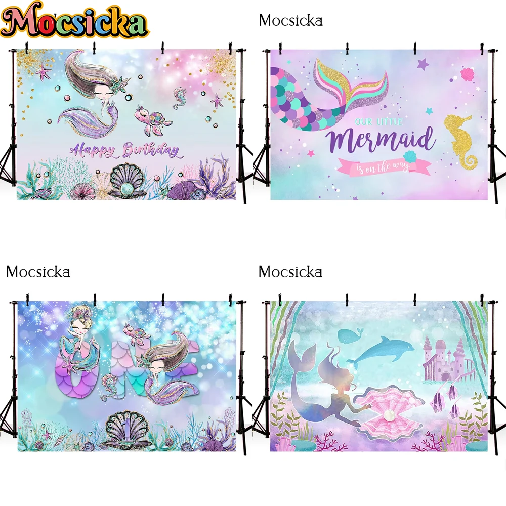 Mocsicka Mermaid Background Under The Sea Girl Party Supplies Decorations Happy Birthday Backdrop Photoshoot Props Banner Studio