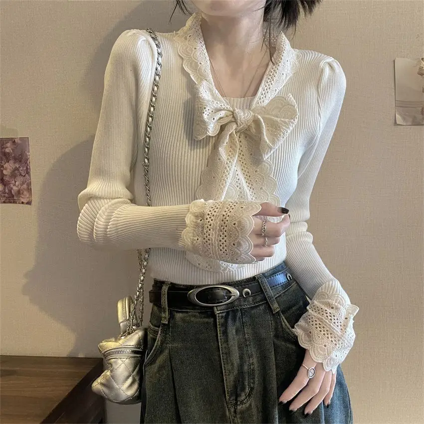 Spitze Bogen Stricken Frauen Kleidung Frühling Herbst 2024 Neue Rot Schlank Bodenbildung Shirt Alle-spiel Langarm Pullover Femme pullover
