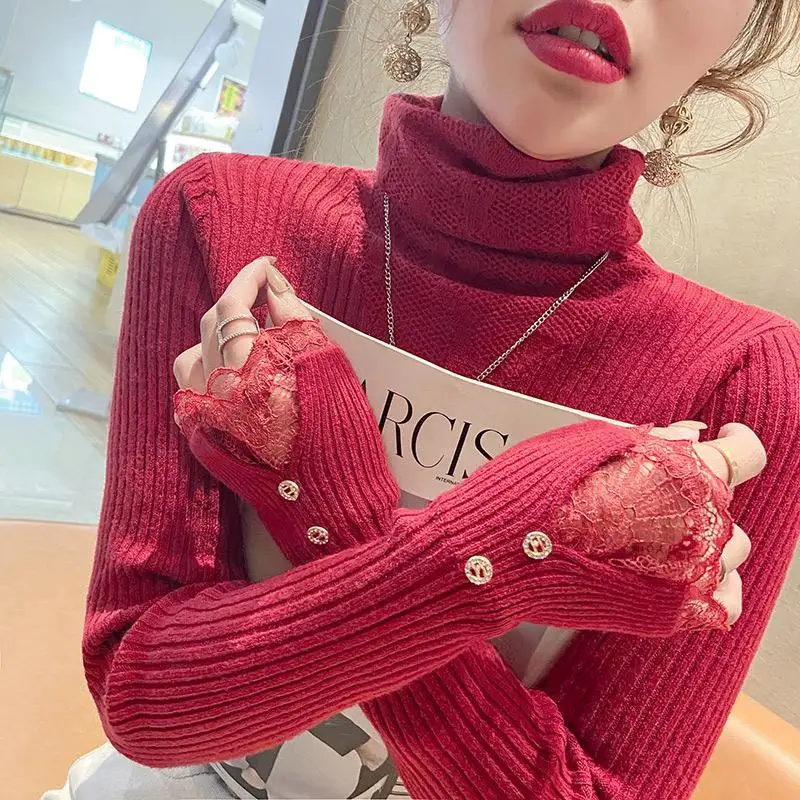 

Sexy Mesh Lace Turtleneck Knitted Sweater 2026 New Women Autumn Winter Base Sweater Female Soft Blouse Jumpers Bottom Shirt