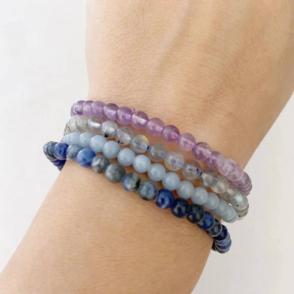 MG2246 4 MM Amethyst Blue Sodalite Anglite Stone Labradorite Bracelet Womens Pisces Zodiac Mini Gemstone Bracelet Set