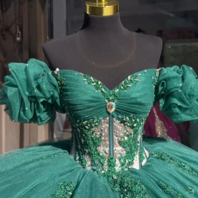 Angelsbridep-vestido de baile verde esmeralda para niña, traje de Quinceañera de lujo con cristales, 2025