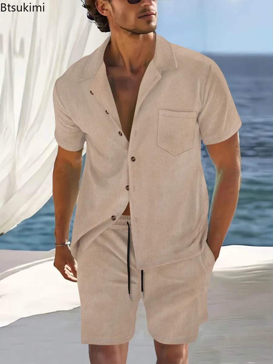 

Летние популярные повседневные спортивные костюмы, новый стиль, мужская однотонная рубашка с кубинским воротником и шорты с коротким рукавом, комплекты из двух предметов для мужчин
