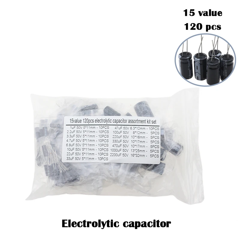 

120pcs aluminum electrolytic capacitors, 15 commonly used specifications, 1uF-2200uF, 50V, suitable for electronic maintenance