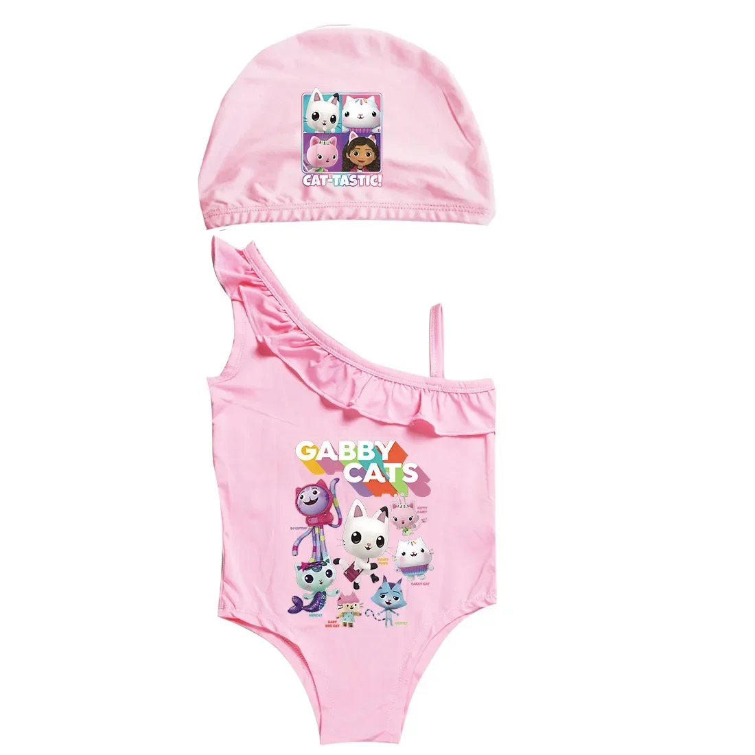 Gabbys Doolhouse costumi da bagno bambini Cartoon BeachWear con berretto 2 pezzi Set ragazza senza maniche costume da bagno ragazze Cartoon Gabby