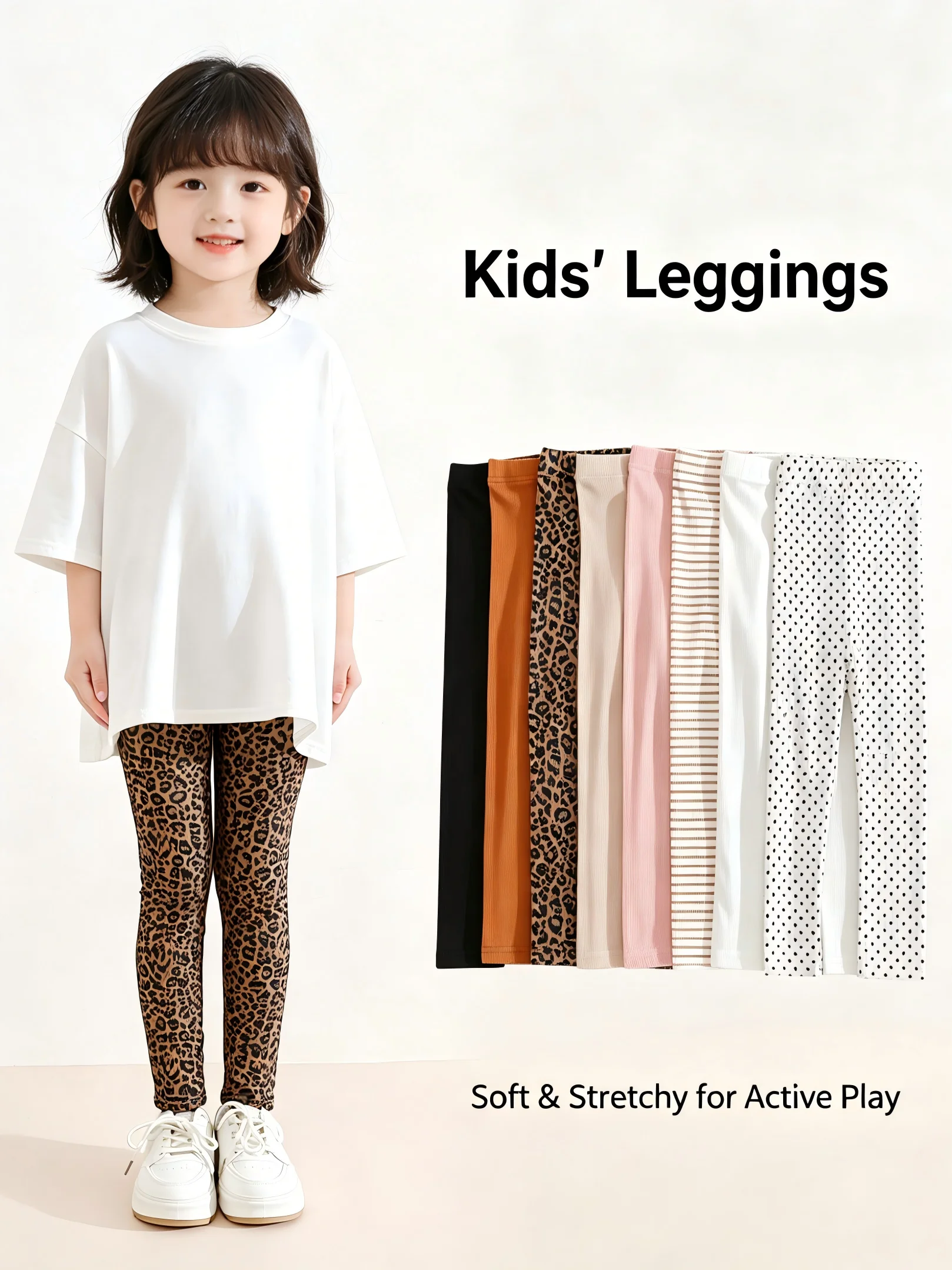 8Pairs Children Girls Elastic Waist Slim Leggings Mix Solid Leopard Striped Print High Stretch Skin Friendly Breathable Trousers