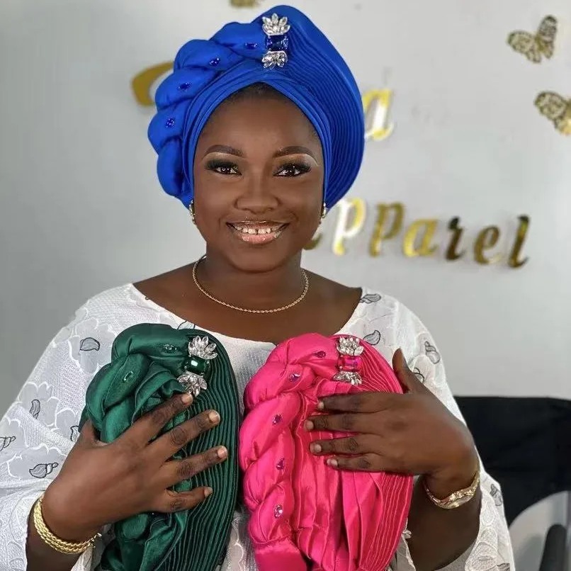 Gorro de turbante de diamantes para mujer, seda cruda, Gele de coche africano, Geles de boda nigerianos, tocado de fiesta, lazos de cabeza trenzados