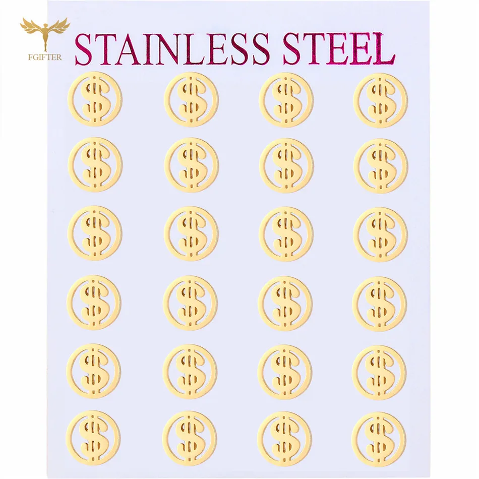 Wholesale Stainless Steel Jewelry Gold Color Stud Earrings Dollar Money Design Men Woman Accessories Resale 12 Pairs Lots