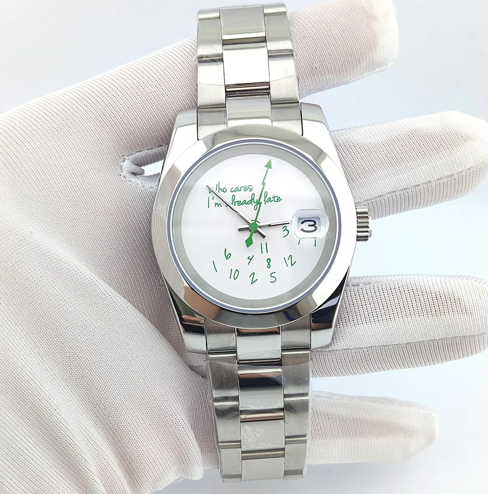 39mm NH35 Watch Who cares im already late Watch Green Dial Sapphire Crystal Glass NH35 Automatic Movement Waterproof Watch