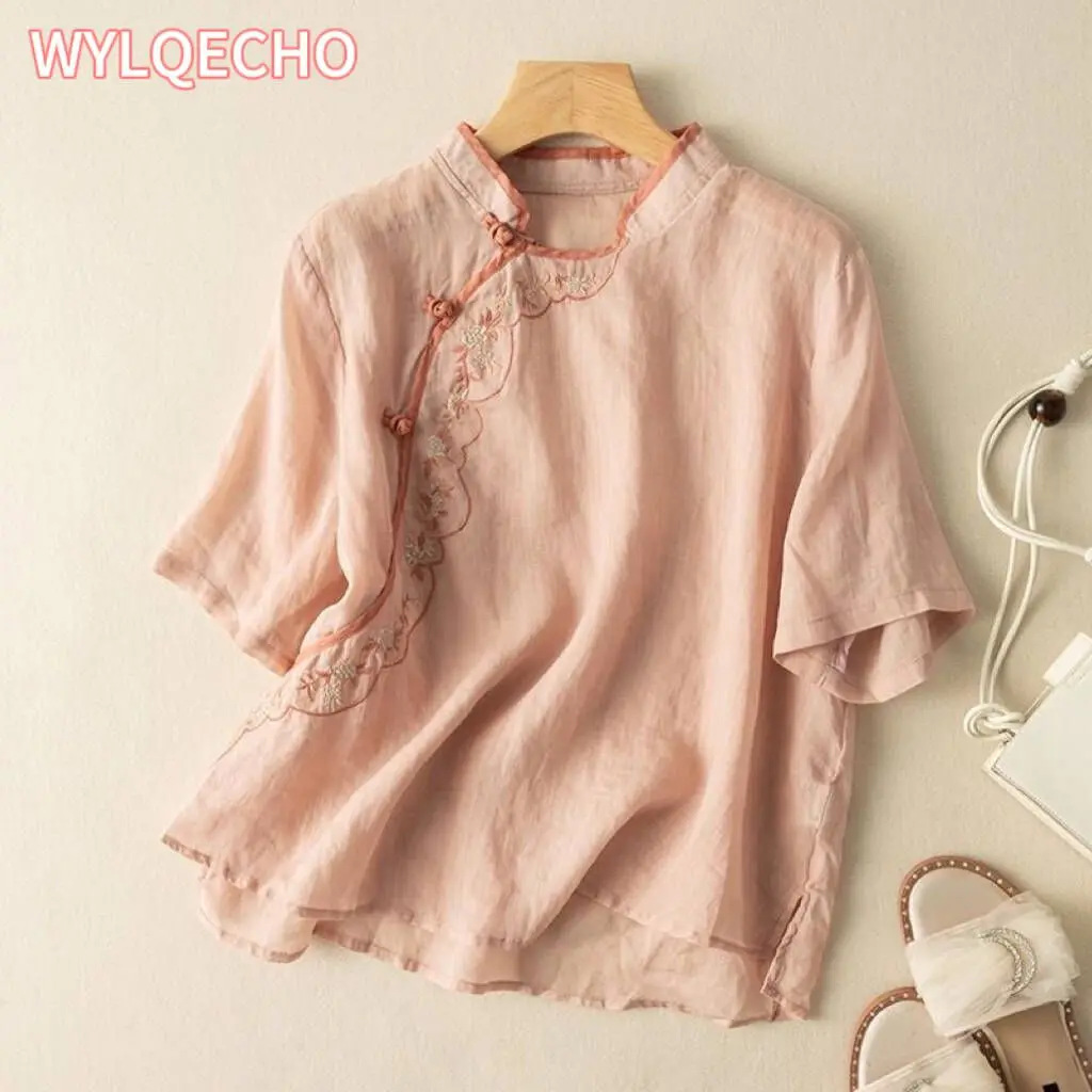 Summer Women's Cotton Linen Diagonal Embroidered Top with Retro Loose and Improved Hanfu Ancient Style Tea and Zen Clothing