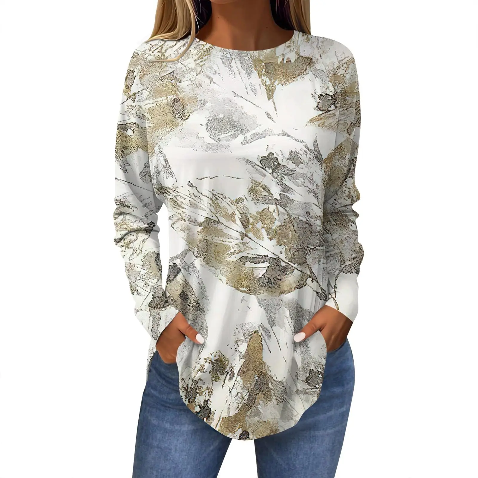 Fashionable Long-sleeved Round Neck Regular Tops Holiday Weekend Spring and Autumn Women Kids 3D Printed Leaf Print T-shirt