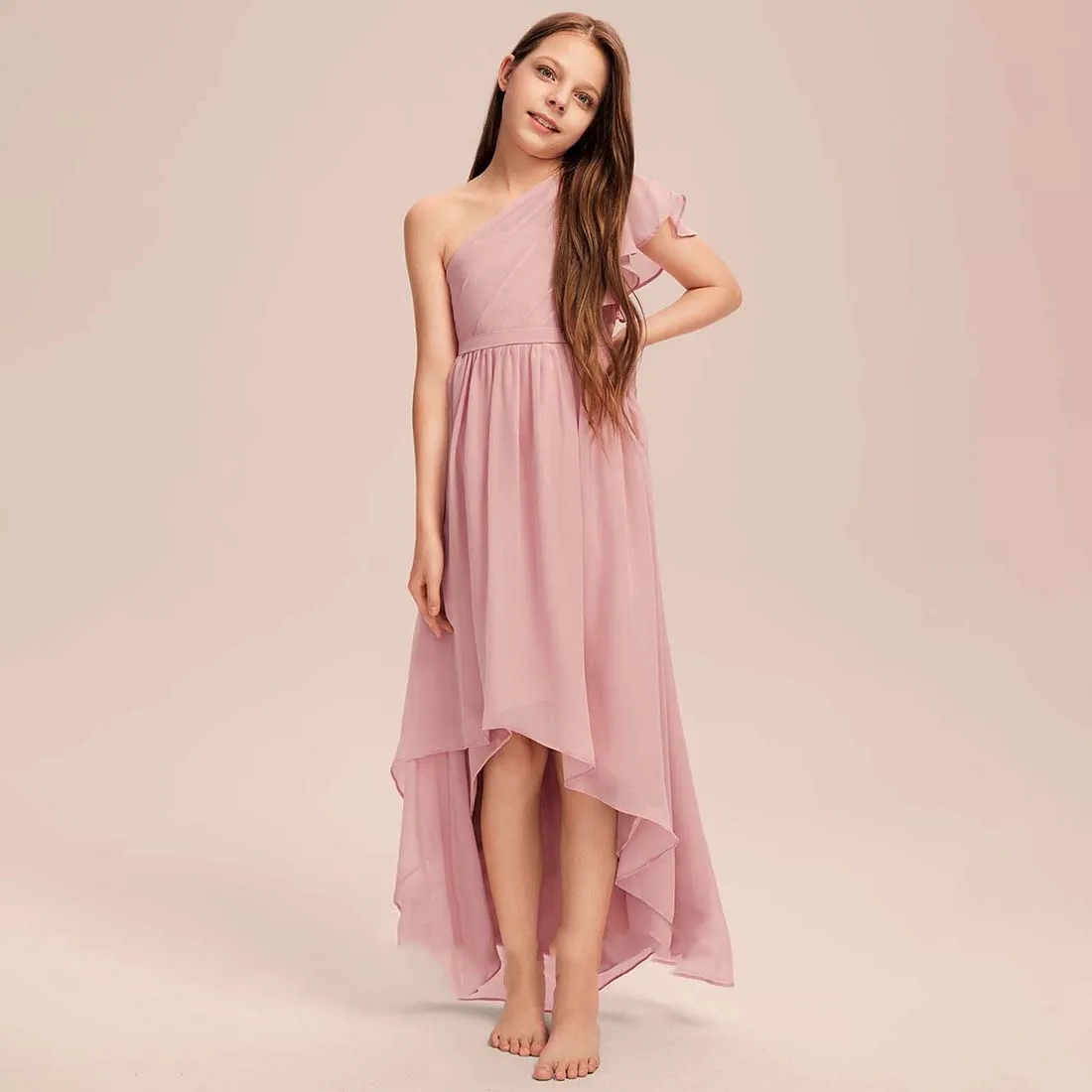 YZYmanualroom Chiffon Junior Bridesmaid Dress A-line One Shoulder Asymmetrical 2-15T