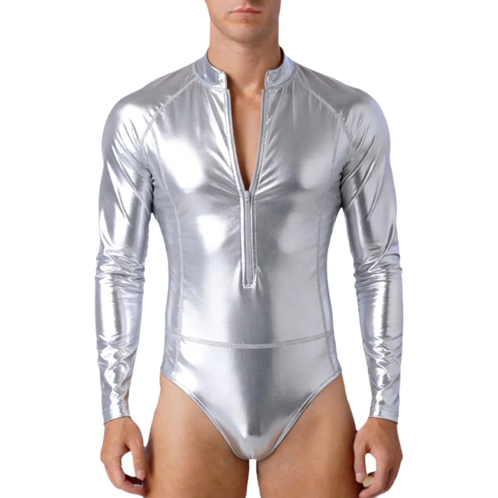 

Mens Lingerie Metallic Shiny Gymnastics Leotard Bodysuit Front Zipper Long Sleeve One-piece Bodycon Jumpsuit Rave Clubwear