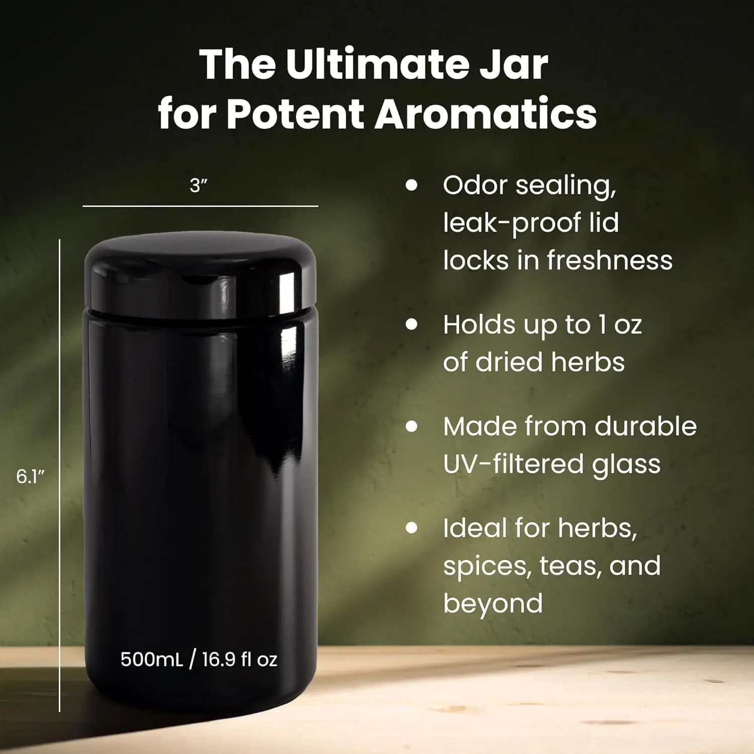 برطمانات زجاجية محكمة الغلق للأشعة فوق البنفسجية سعة 500 مل للأعشاب والقهوة والشاي والتوابل - مقاومة للرائحة، تحجب الضوء، مناسبة للسفر