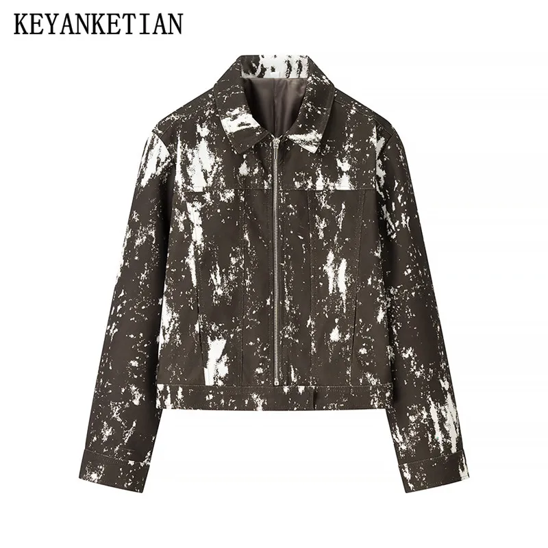 

KEYANKETIAN Spring/Autumn New Women's Tie dye Print Jacket Retro style Turn Down Collar Zipper Loose Pockets Blazer Outerwear