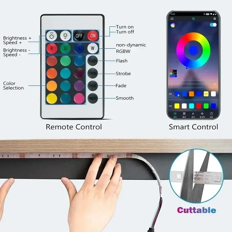 RGB LED Strip Light 1-30M USB 5V Flexible Ribbon Bluetooth APP Control Music Sync 24Key Remote for Home TV Backlight Decoration