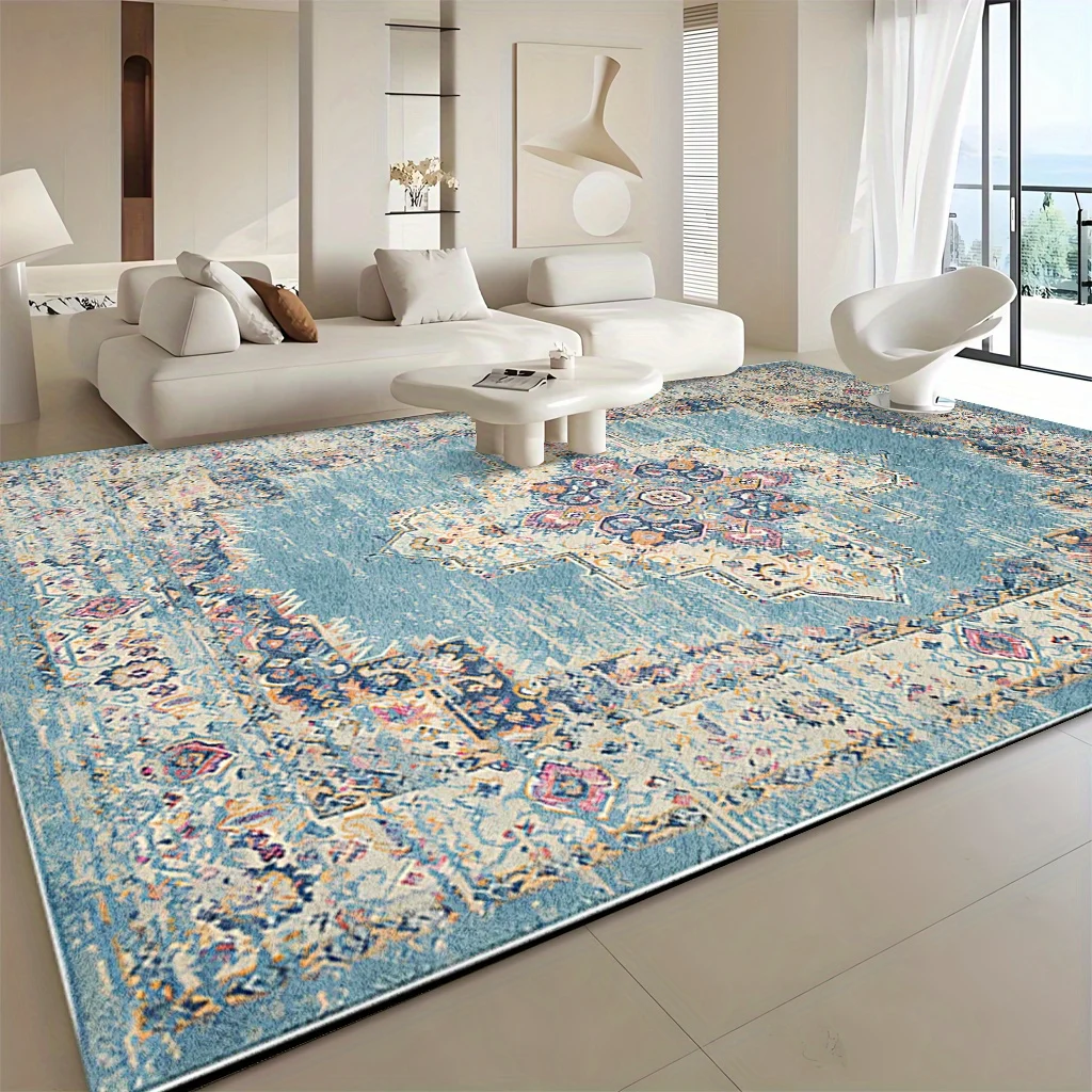 1pc Large Machine Washable Floor Mat - Bohemian Style Blue Green Floral Pattern Carpet, Extra Large Living Room Bedroom Kitchen Bathroom Floor Mat, Thickened Soft Durable, Suitable for Entrance,