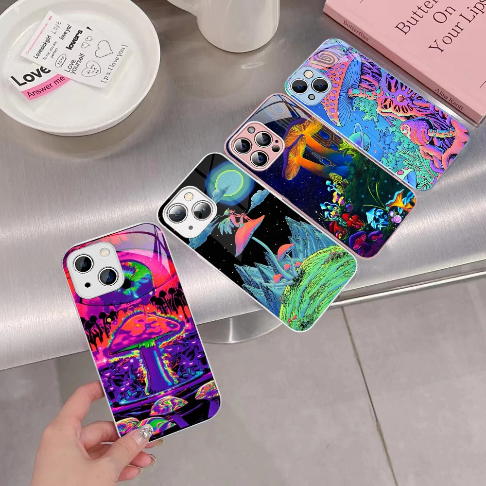 

Weird Trippy Mushroom Psychedelic Art Phone Case Tempered Glass For iphone 14 13 12 11 Pro Mini XS MAX 14Plus X XS XR Fundas