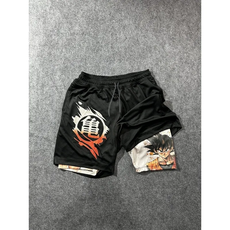 2026 Sommer Dragon Ball Herren-Shorts Doppelte Zwei-in-Eins-Shorts Son Goku Bedruckte Schnelltrocknende Fake-Zweiteiler-Familien-Sportshorts