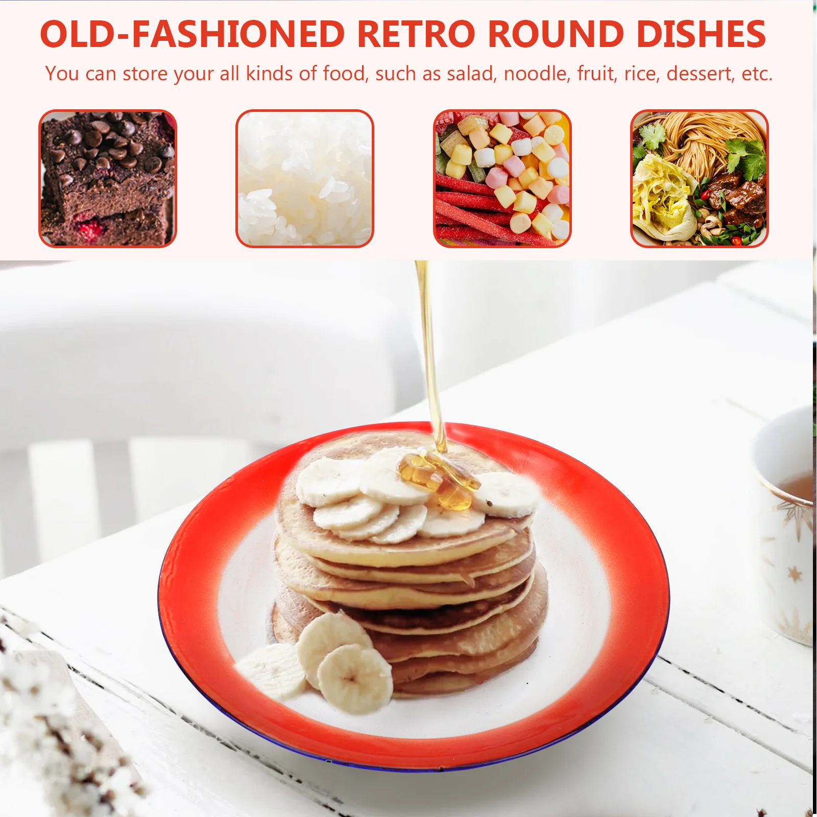 

Retro Enamel Plate with Chinese Motif Red Elegant Dish for Snack Cake Fruit Storage Easy Clean Tableware Enamel Dish