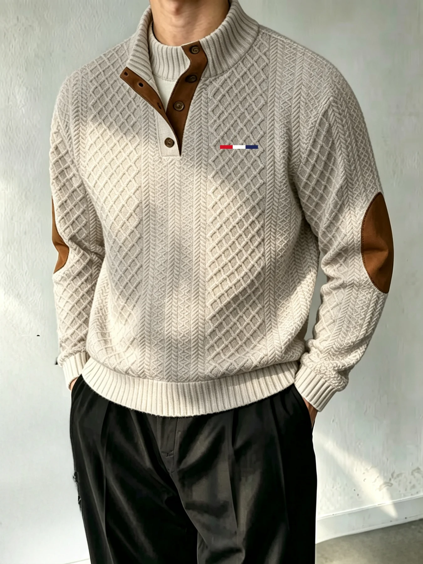 Herren Strickpullover mit Stehkragen, halber Knopfleiste, Ärmelbündchen und strukturierter Oberfläche, Herbst-Winter Freizeitpullover – Detail 5
