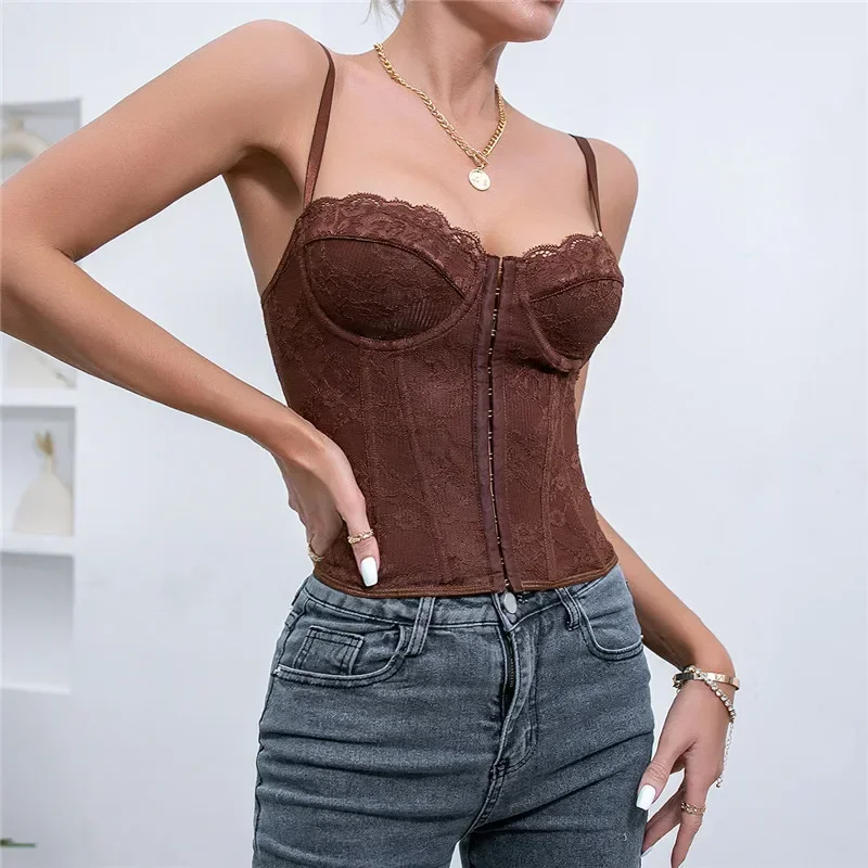 ISAROSE Women Sexy Lace Corset Tops Stretch Solid Color Patchwork Backless Y2K Girl Spaghetti Strap Summer Camisole Back Bandage