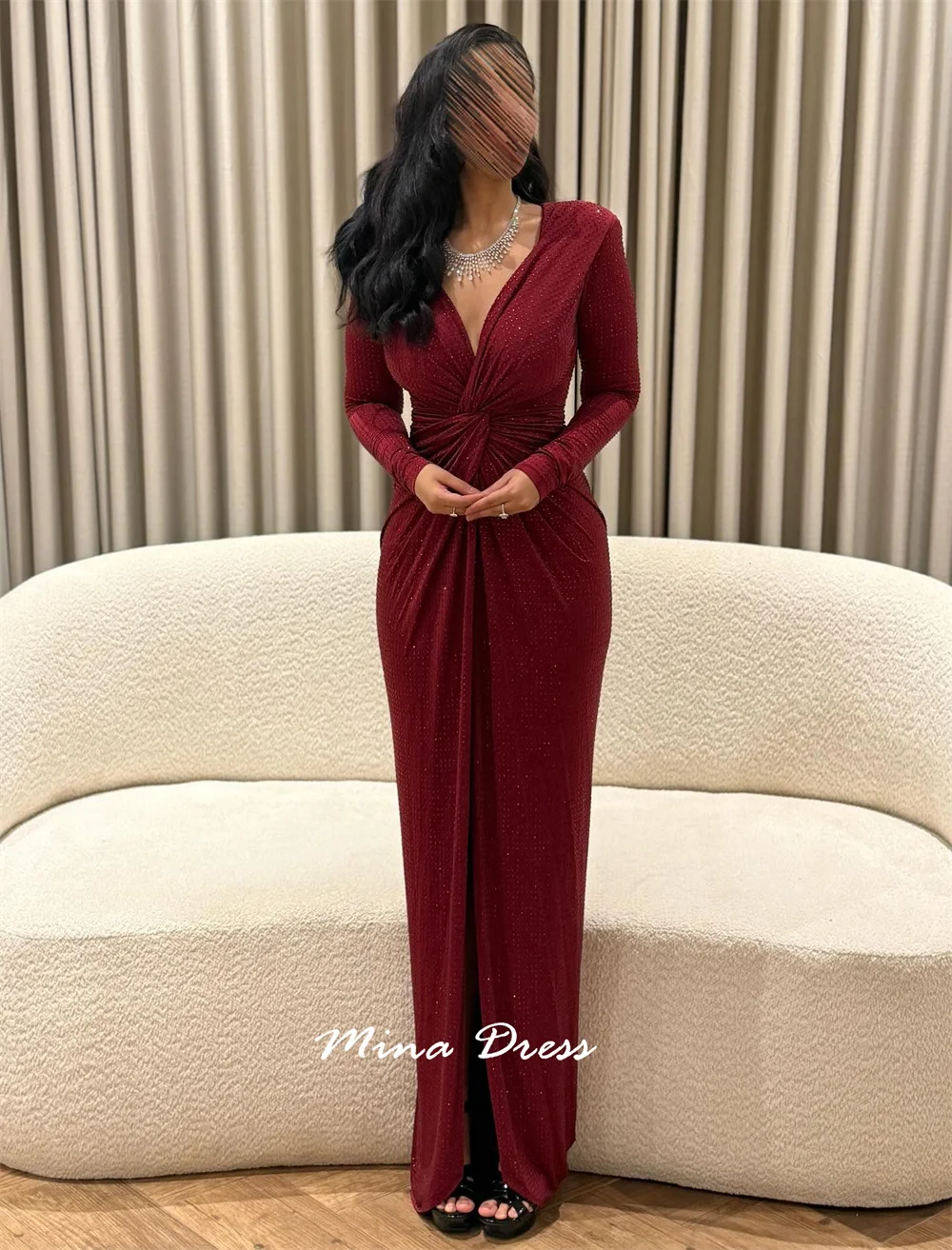 فستان سهرة عربي مخصص برقبة على شكل حرف V من مينا، فساتين نسائية أنيقة فاخرة وأكمام طويلة للمناسبات الخاصة، حفلة موسيقية