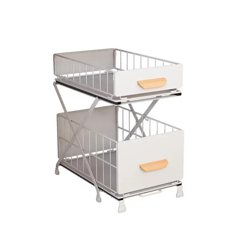 Foldable Metal Pull Out Adjustable Height 2 Tier Under Sink Storage Organizer With Sliding Drawer
