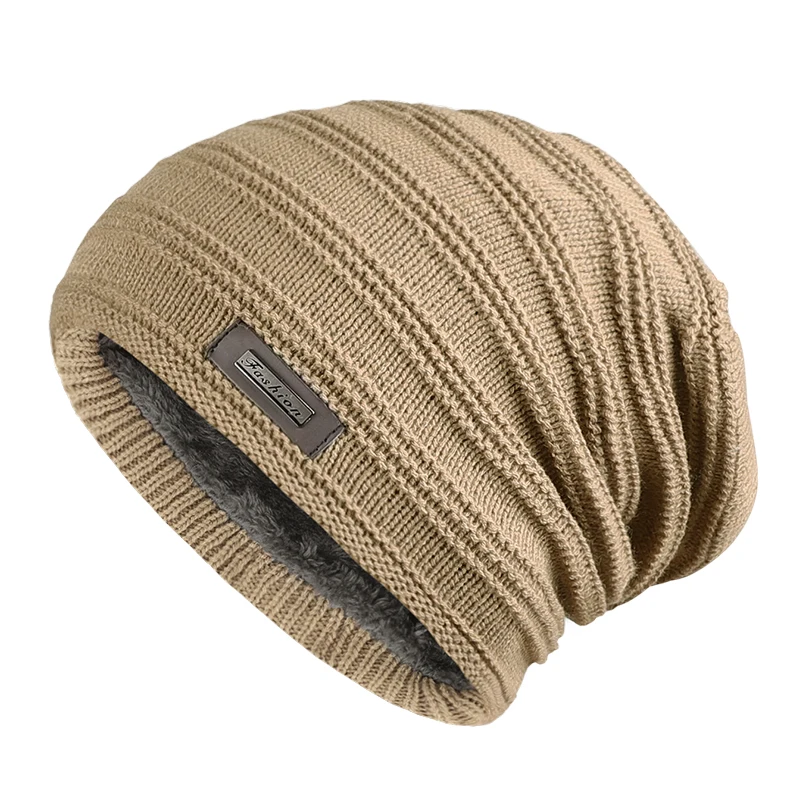 Warm Men\'s Winter Hat Polyester Fleece Lined Knitted Cap Striped Plain Beanies with Tag Fashion