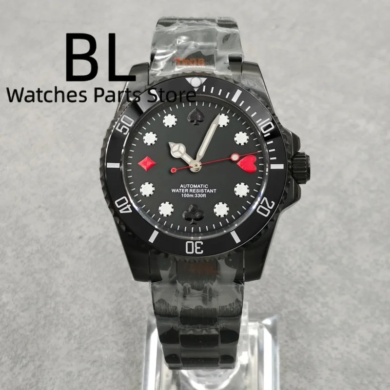BLIGER 40mm Black PVD Mechanical Watch For Men Black Green Bezel Spphire Glass Poker Pattern Dial Green Glow Steel/Rubber Strap