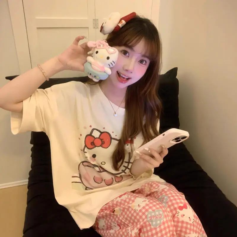 

Kawaii Pajamas Kitty Cat Suit Girl Cute Summer Loose Casual Comfortable Round Neck Breathable Cartoon Fashion