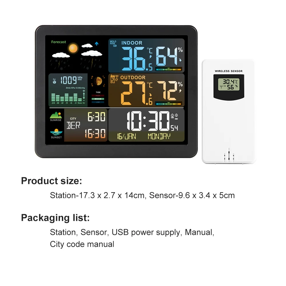 Smart Weather Station with Clock Indoor and Outdoor Temperature Humidity Meter Multifunctional Large Color Screen Weather Clock