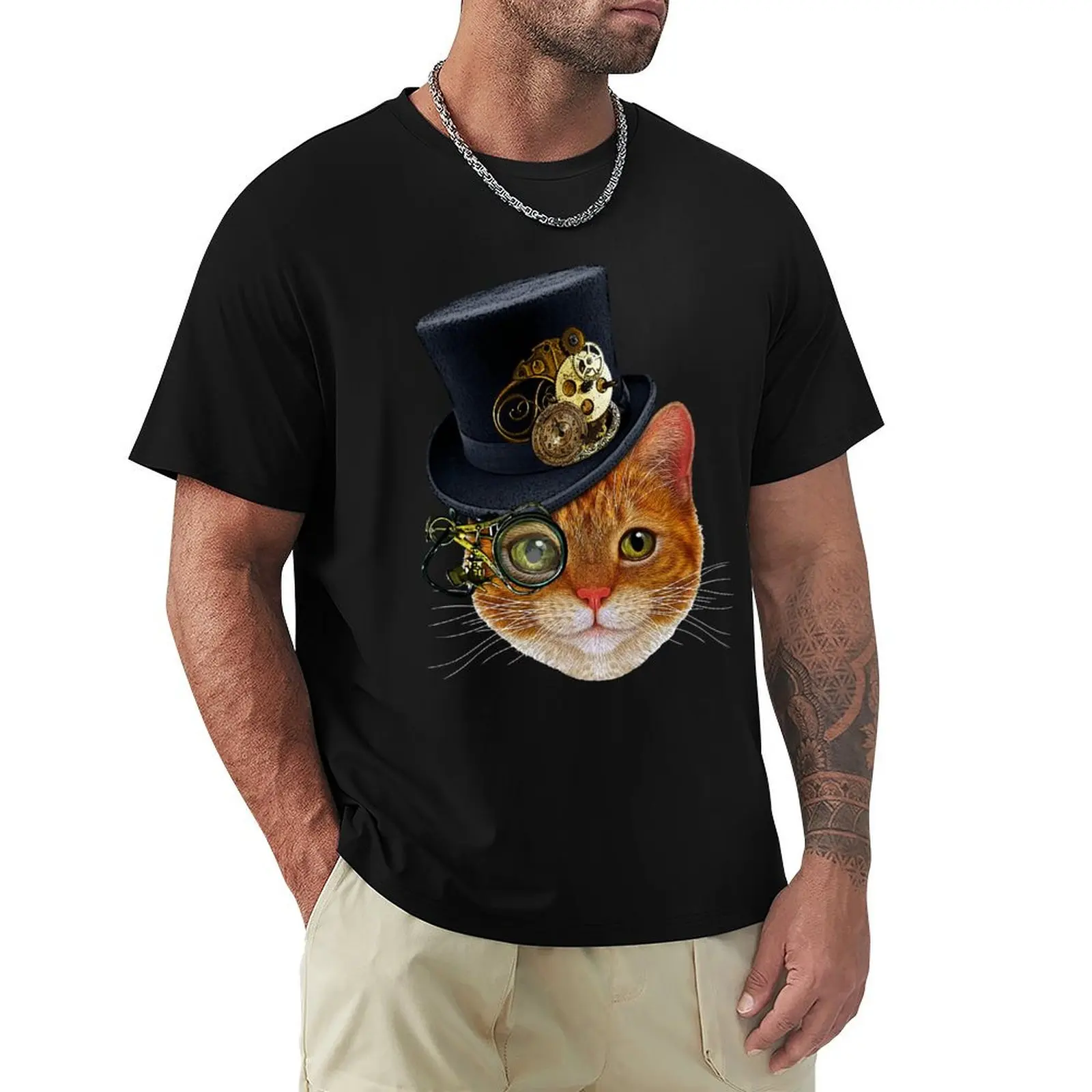 

Orange Cat with Steampunk Hat and Monocle T-Shirt Aesthetic clothing Luxury man anime figures shirts graphic tee men