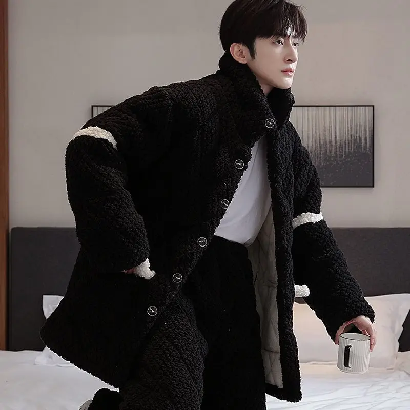Autumn Winter Pajamas Cotton Fleece Thickened Warmth Men's Coral Fleece Home Wear Cotton-padded Jacket Cotton-padded Clothes