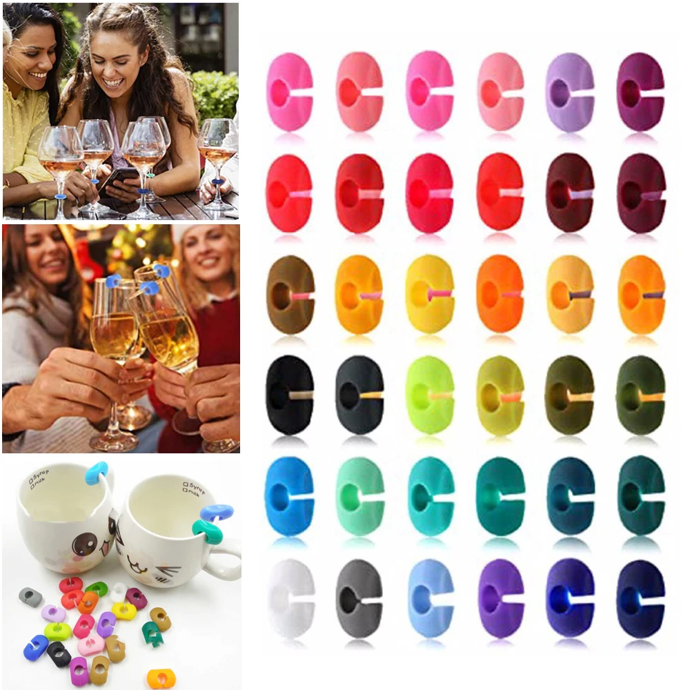 Reusable Silicone Wine Glass Marker Drink Bottle Cup Goblet Label Mug Marking Tag Recognizer Identification Color Random 36PCS