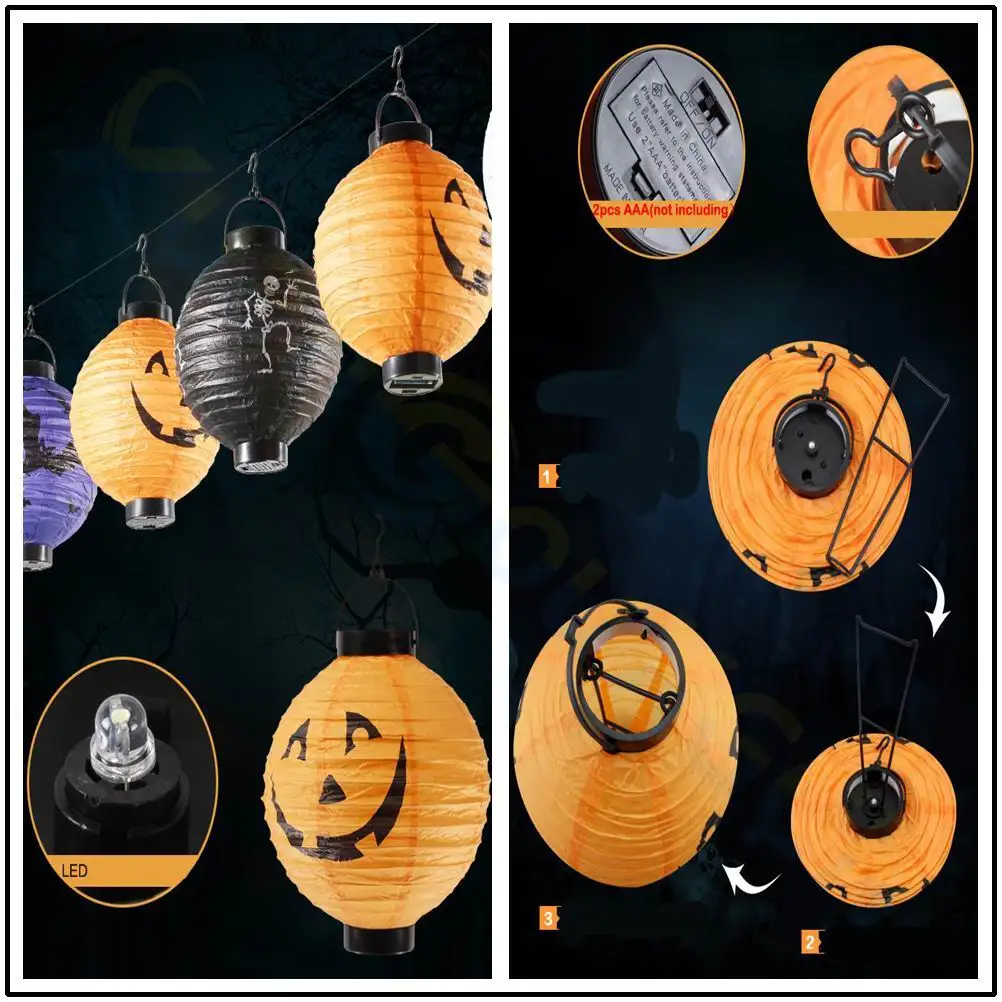 8inch LED Halloween Paper Pumpkin Hanging Lantern Light Horror Spider Halloween Decor Gift Lampion Holiday DIY Decorations