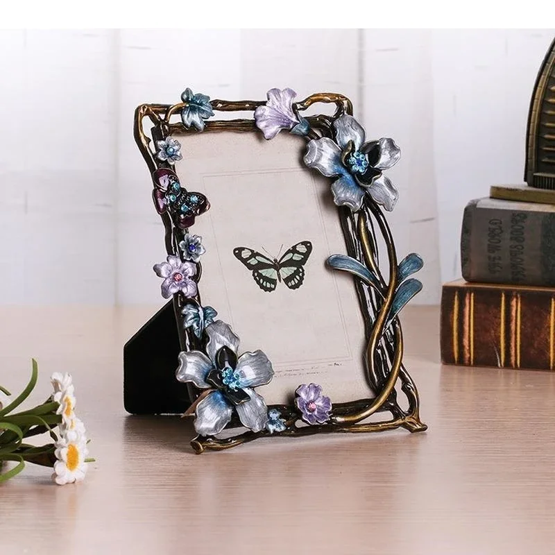 Embossed Flower and Bird Metal Photo Frame Dressing Table Bookcase Decoration Modern Wedding Family Home