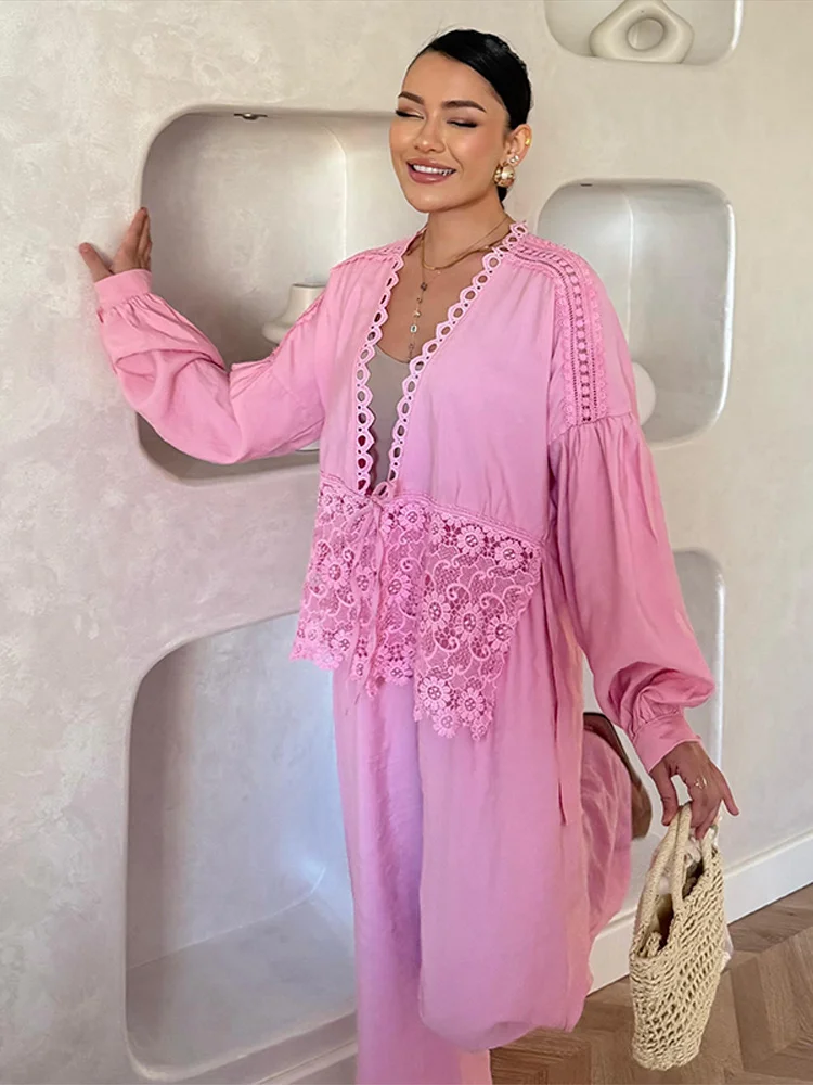 

Deep V Floral Lace Patchwork Kimono Suits Women Vintage Lace Up Lantern Long Sleeve Top Straight Trousers New Autumn Lady Outfit
