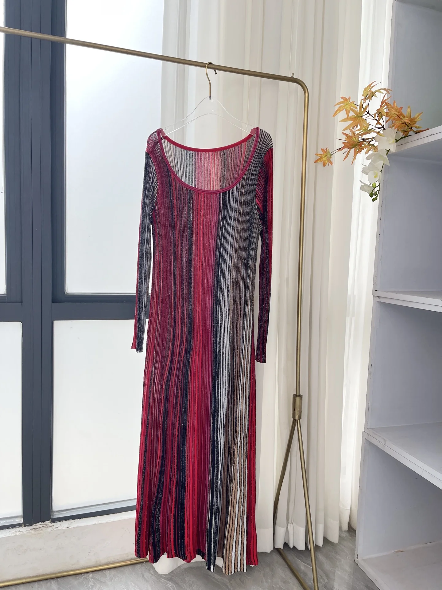 

Multicolored Striped Print Long Sleeve Midi Dress