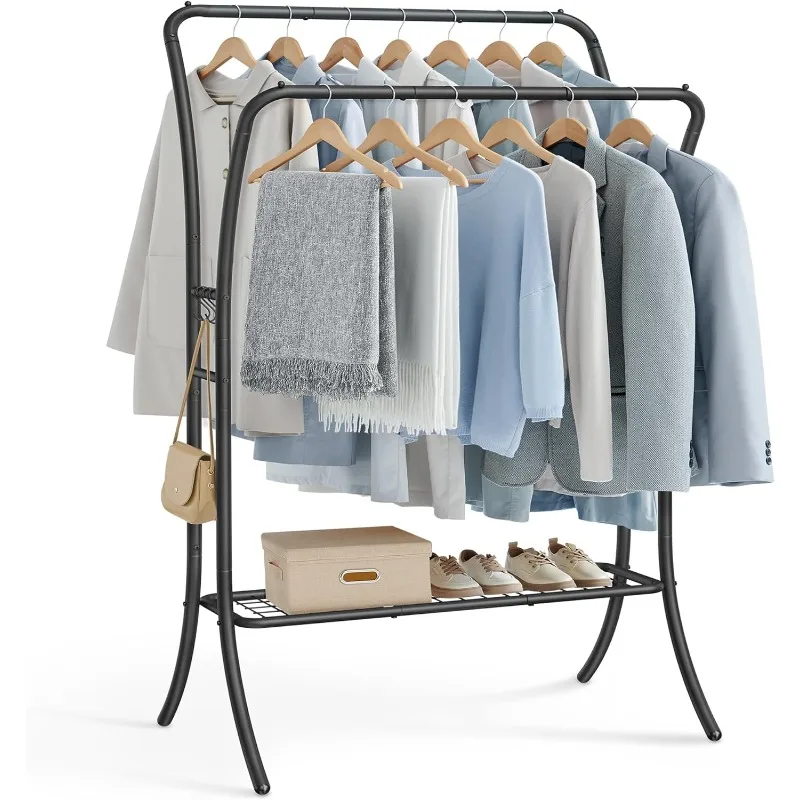 

Clothes Rack, Clothing Rack with Shelves, Garment Racks Heavy Duty, Double Rod Clothes Rack with 6 Hooks