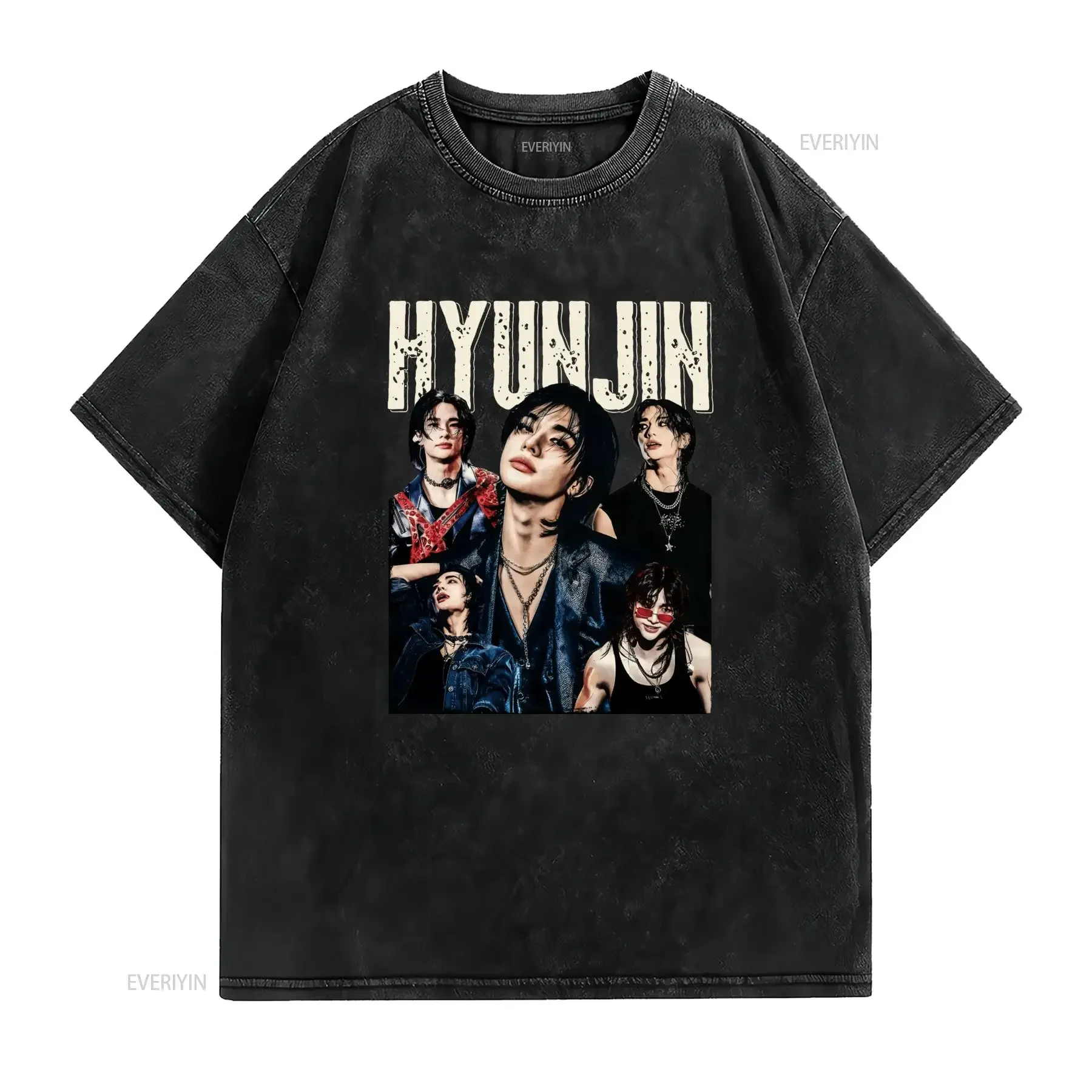 Vintage Streetwear Hyunjin Kpop Idol Collage Print Casual T Shirt vintage Washed Versatile fashion Soft Stretched
