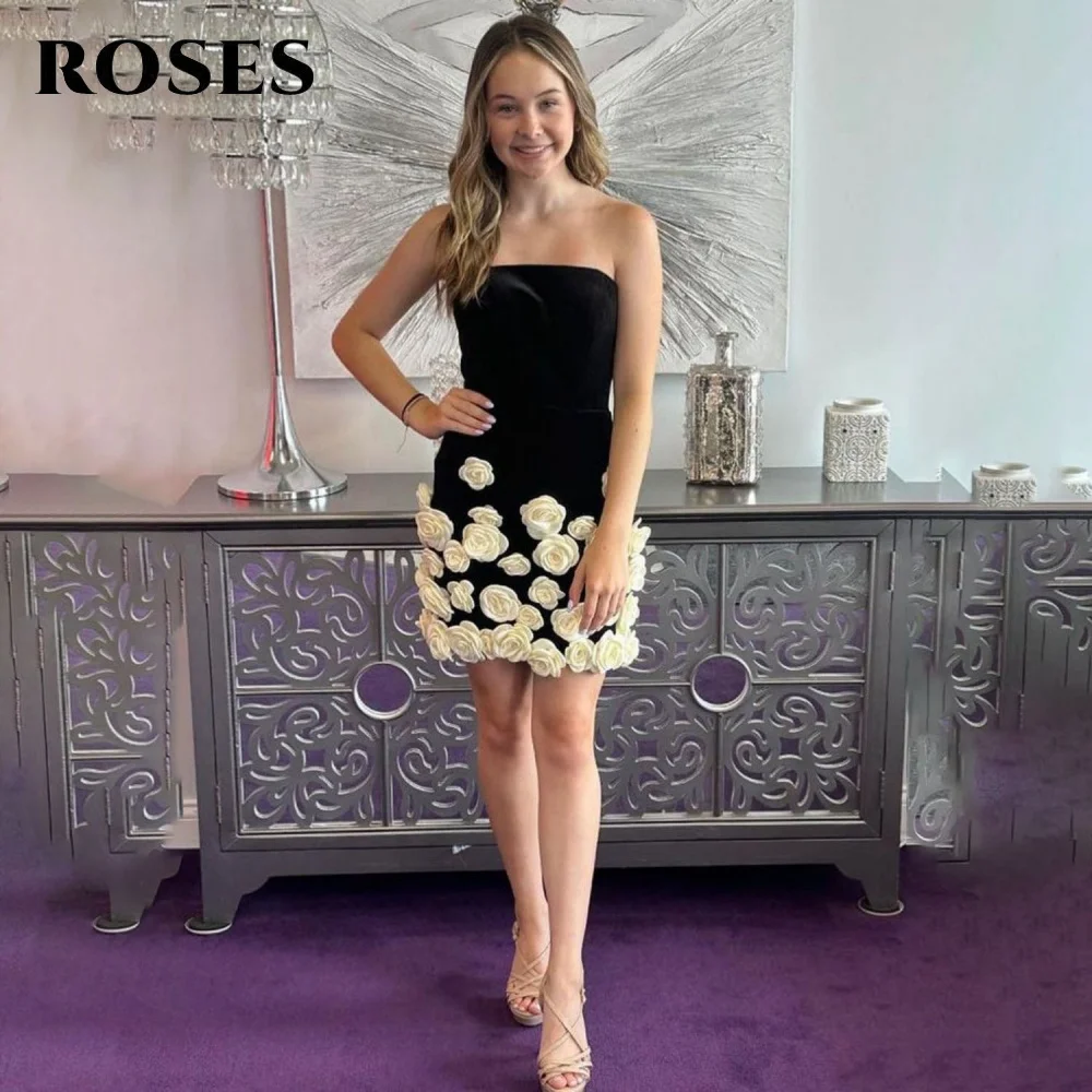 

ROSES Черные короткие платья для выпускного вечера с 3D цветами без бретелек فساتين مناسبة رسمية Pleats Короткое вечернее платье Cust